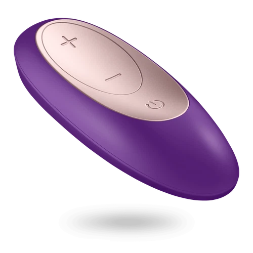 Purple Satisfyer Partner Plus waterproof USB rechargeable remote with black control panel and illuminated buttons.