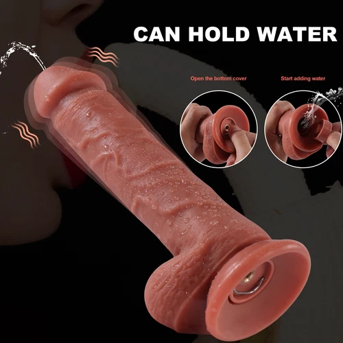 Peach skin vibrator with curved handle, open bottom cover, and clear plastic water-holding chamber on black background.
