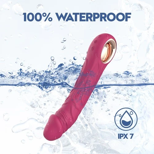 Pink self-wei vibration spear with metallic tip, blue handle, and white waterproof icon on water-filled background.