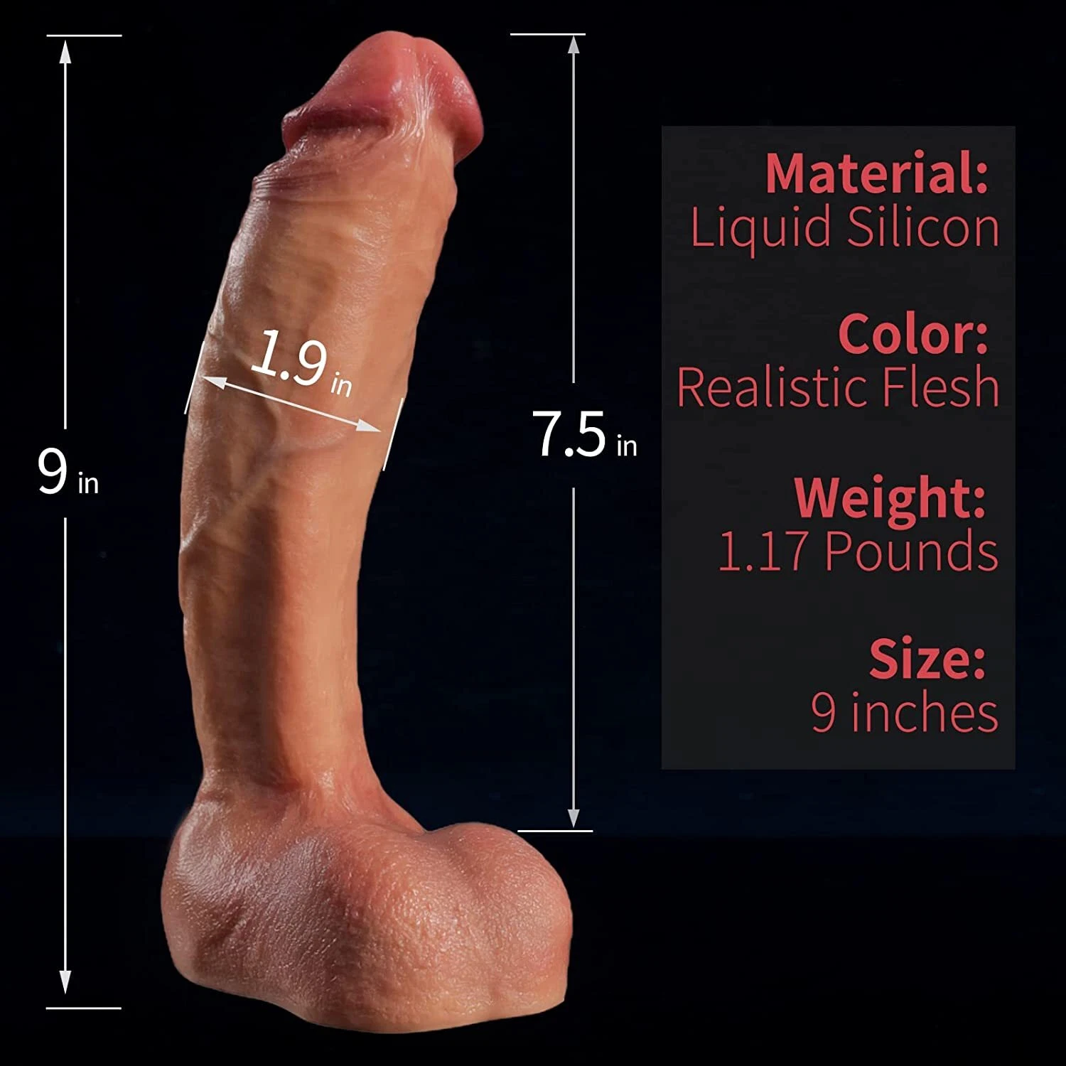 Dildo 9-inch waterproof women's toy with realistic flesh tone, suction cup tip, and black size label on dark background.