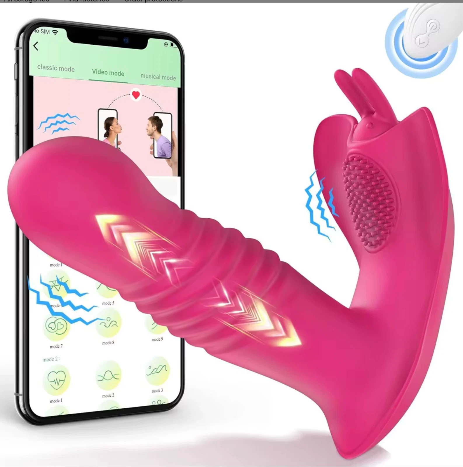 White butterfly-shaped vibrator with pink silicone head, rechargeable remote, and app displaying mode selection graph.